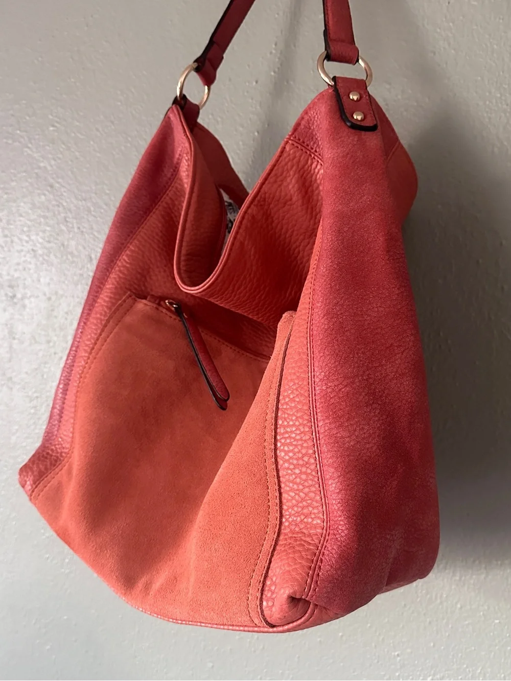 MODA LUXE Coral Red Pebbled Leather & Suede Slouchy Hobo Bag NWOT